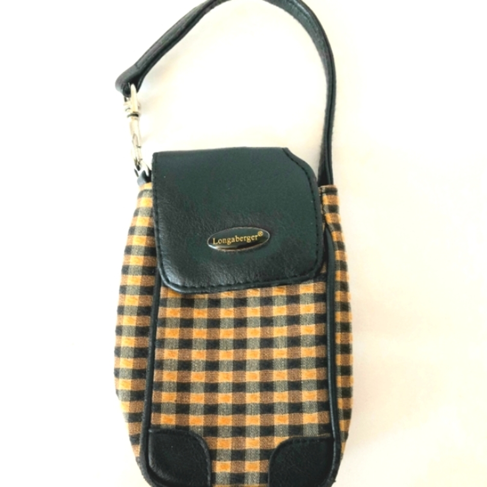 Vintage Longaberger phone holder with strap black /cream check
